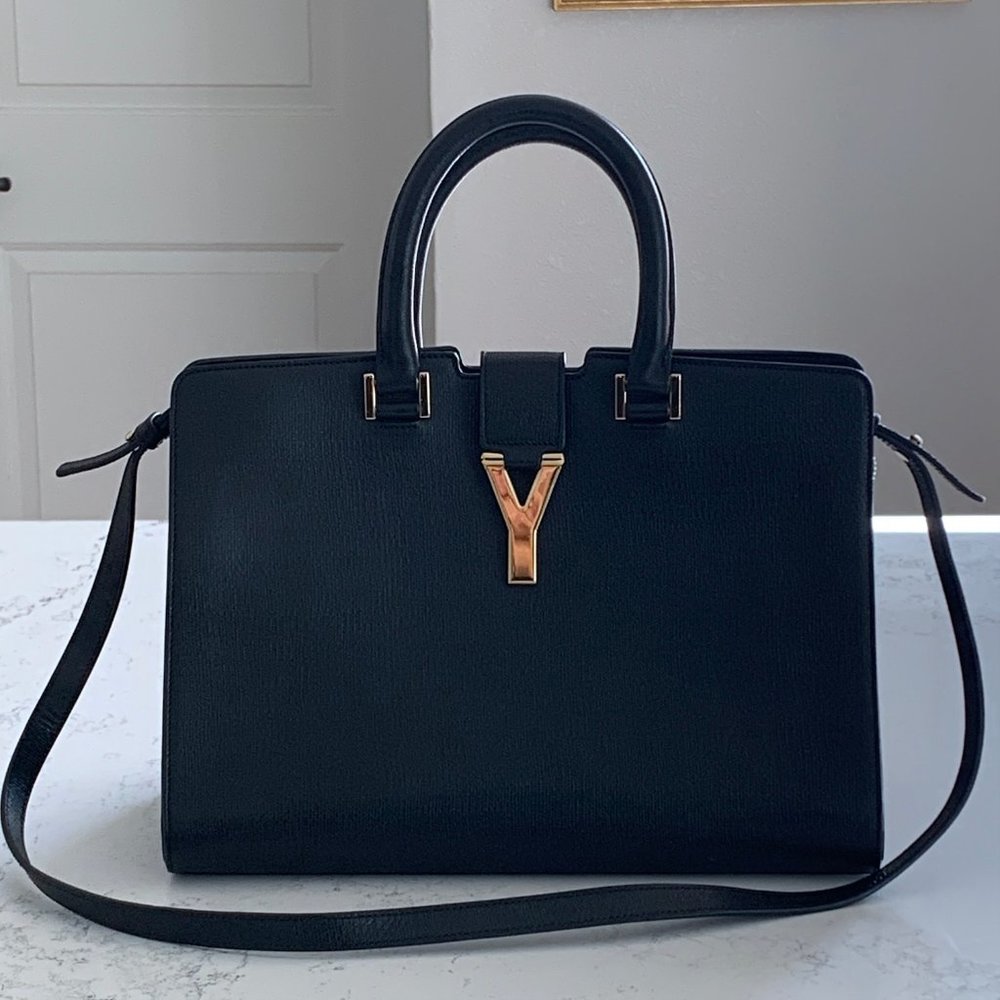 Saint Laurent Cabas Chyc Black Leather Two Way Tote Handbag Satchel
